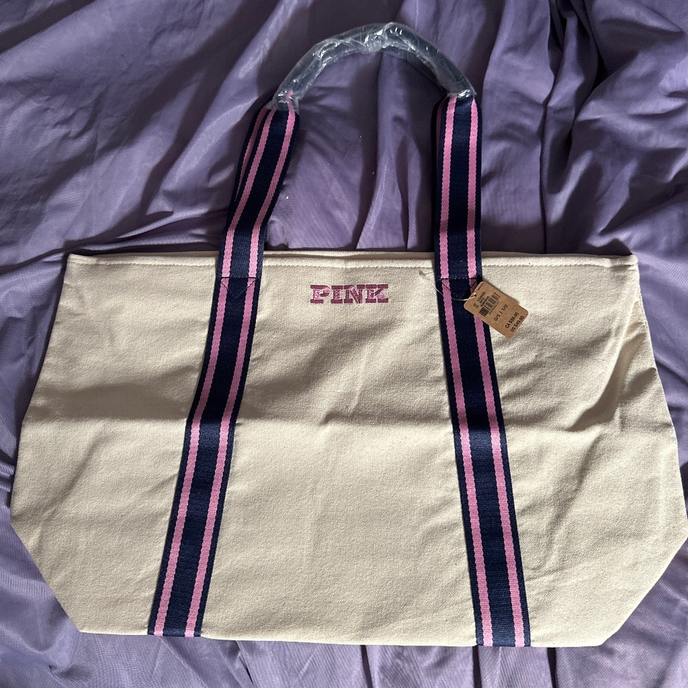 NWT PINK large canvas tote with pink and navy stripes